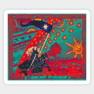 FEMALE KNIGHT OF STARS HORSEBACK IN NIGHT BLUE, RED ,YELLOW AND FLAMMARION Surreal Cosmic Sky, Sun And Moon Sticker